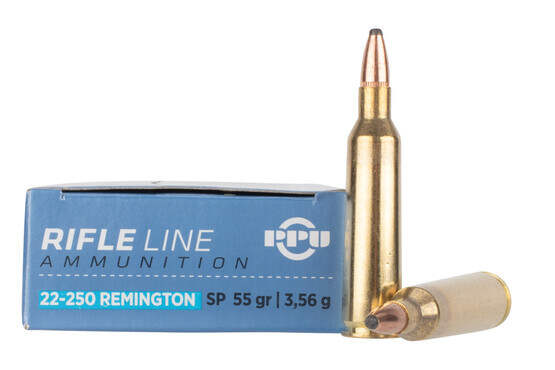 Prvi Partisan .22-250 Remington ammunition with 55gr soft point bullets, box of 20